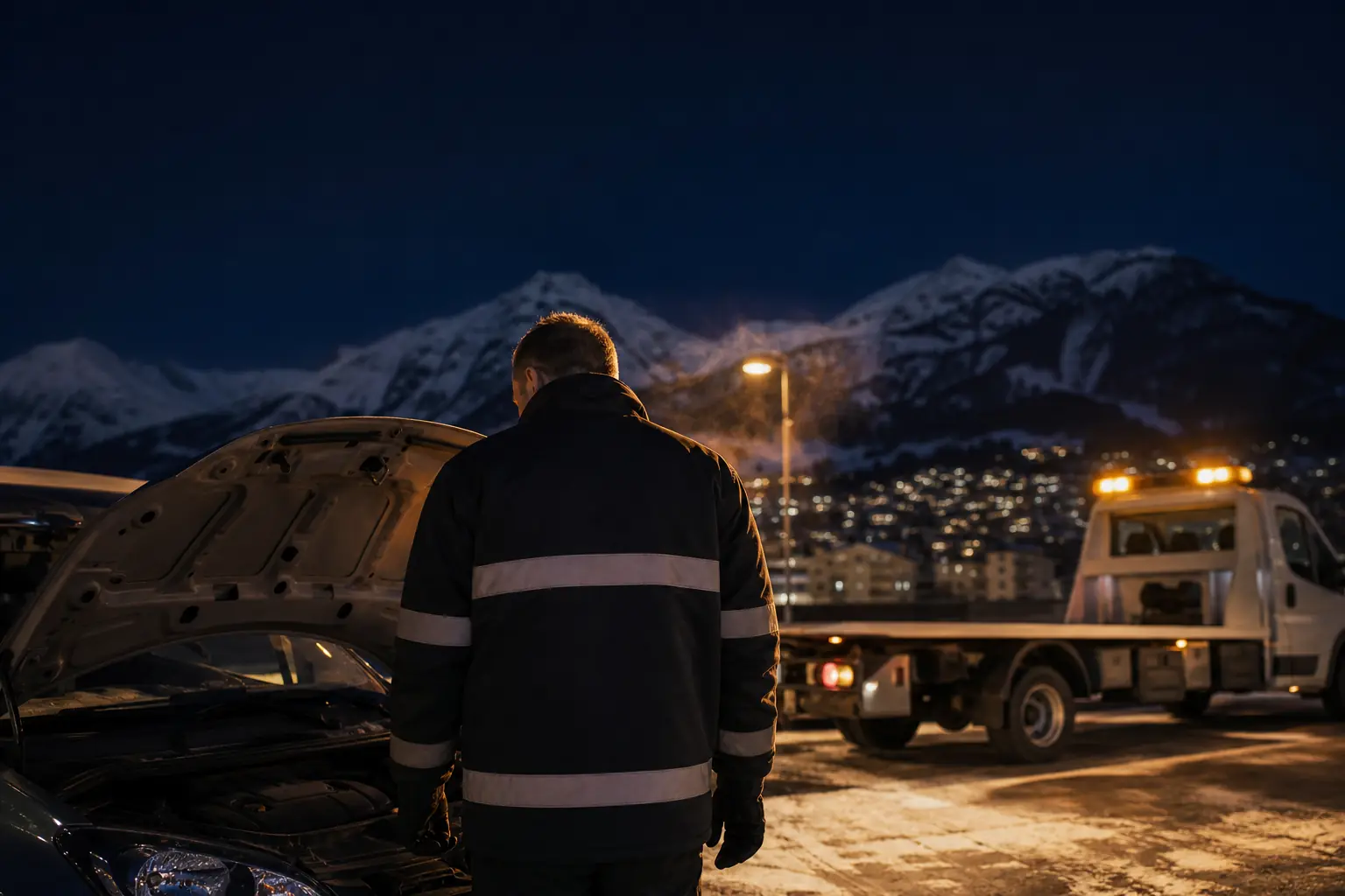 Technicien de dépannage automobile de dos, capot ouvert, intervention de nuit à Annemasse